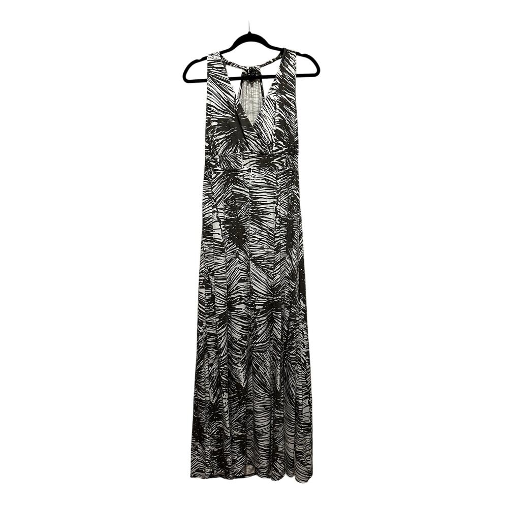 Gap Palm Leaf Print Tropical Maxi Dress Large Brown White Sleeveless V-Neck